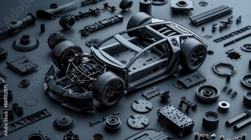 Detailed 3D printed car parts showcased in a sleek, minimalistic setting, emphasizing modern automotive engineering. Ideal for high-tech vehicle components visuals.