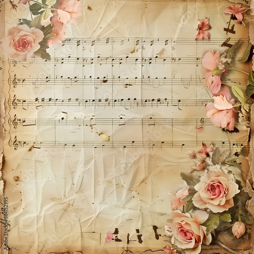 Antique music sheet background, faded tones, with floral border and copy space