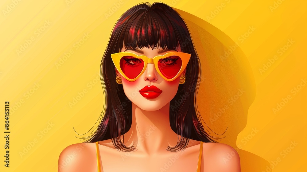 This image shows a brunette woman with bangs who wears heart shaped sunglasses. Avatar people icon for social networks. Cute cartoon character. Lovely girl with red lips on a yellow background. This image shows a brunette woman with bangs who wears heart shaped sunglasses. Avatar people icon for social networks. Cute cartoon character. Lovely girl with red lips on a yellow background.
