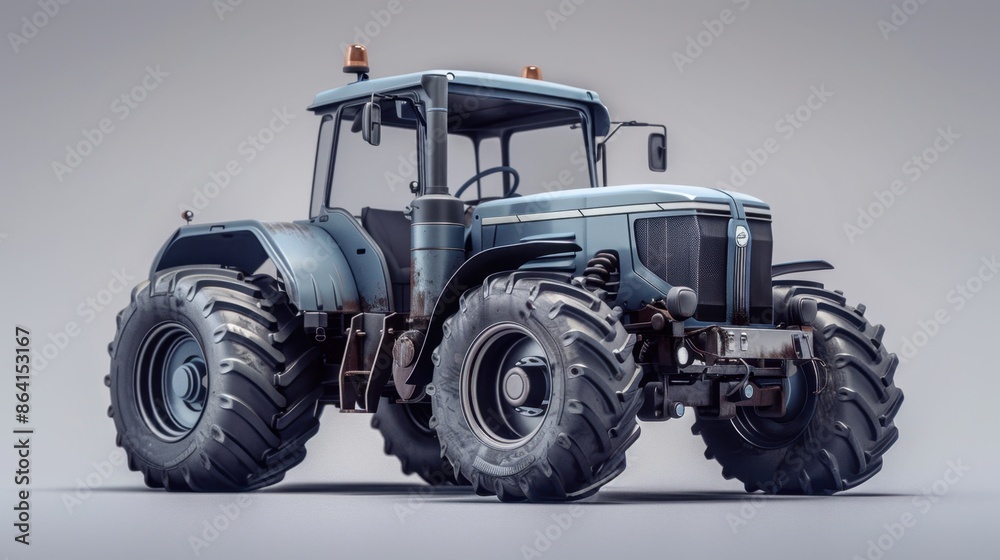 Obraz premium A sleek tractor sits against a simple background, showcasing its minimalist design and robust functionality. Ideal for agricultural simplicity and efficiency.