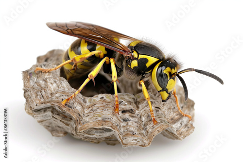 European wasp, Polistes associus, in nest isolated on white background. Detailed close-up stock photo ideal for educational content. photo