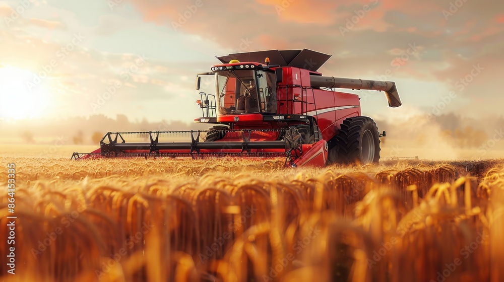Fototapeta premium A combine harvester with a straightforward background captures its sleek design and functionality, suited for agricultural themes.