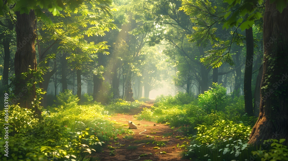 Fototapeta premium A peaceful forest with tall trees and sunlight filtering through the leaves, creating an enchanting path that leads to a hidden clearing wildlife is visible in their natural habitat.