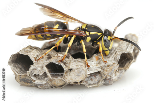 European wasp, Polistes associus, in nest isolated on white background. Detailed close-up stock photo ideal for educational content. photo