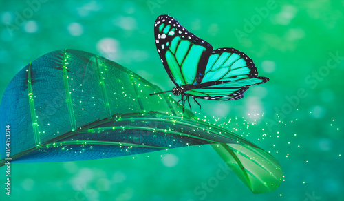 Canvas Print Abstract green leaf and butterfly with particles light