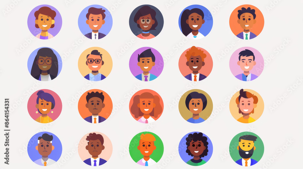 A collection of cartoon faces with a variety of different characters. Headshots of men and women of different races, and people in business attire. Circle icons. Flat design style. A collection of cartoon faces with a variety of different characters. Headshots of men and women of different races, and people in business attire. Circle icons. Flat design style.