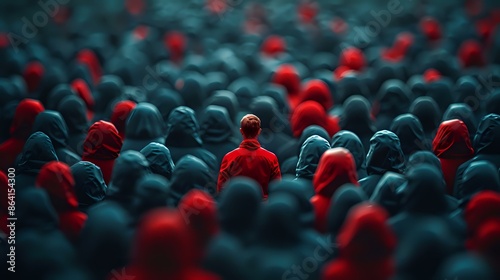 Person in a red coat standing out in a crowd of people wearing dark coats, symbolizing individuality, uniqueness, and standing out from the crowd, ideal for illustrating concepts of leadership, photo