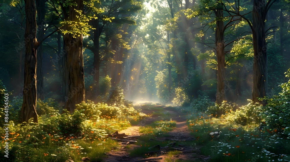 Obraz premium A peaceful forest with tall trees and sunlight filtering through the leaves, creating an enchanting path that leads to a hidden clearing wildlife is visible in their natural habitat.