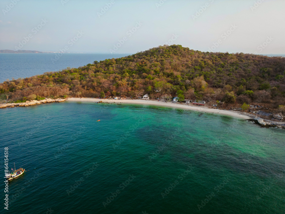 Aerial view white sand sea beach wave turquoise water with tropical forest Aerial view white sand sea beach wave turquoise water with tropical forest