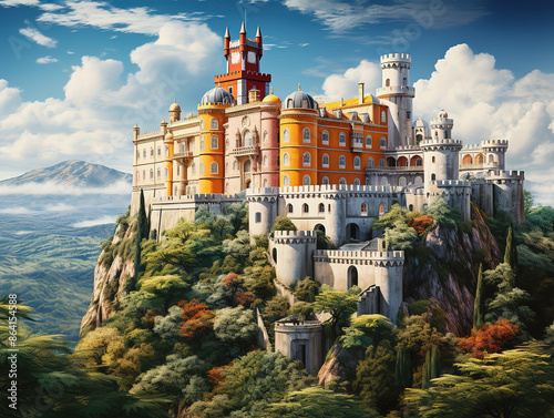 Wonderful Fairy palace against beautiful sky panorama of national palace in sintra portugal