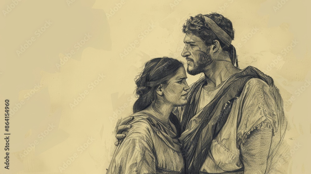 Fototapeta premium Deuteronomy:Miscellaneous Laws,Newlywed Man Exempted from Duty in Deuteronomy, Domestic Life, Family Values, Beige Background, Copyspace