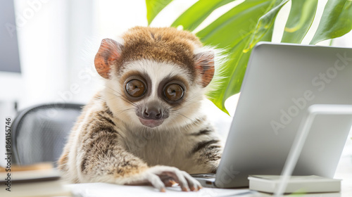 slow loris  with big eyes working on laptop in office, funny animal concept photo