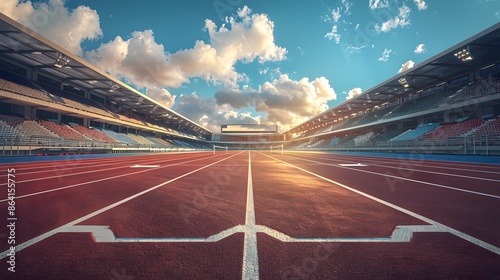 An empty running track in the middle, with stands on both sides and a stadium roof above. This scene creates an intense competition environment for professional sports events.
