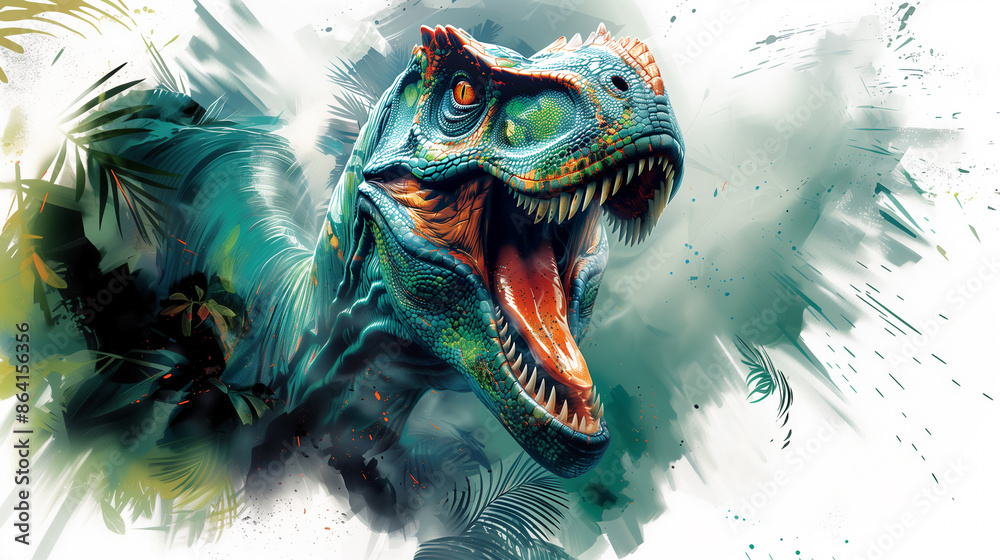 Naklejka premium Fierce green and orange raptor dinosaur illustration breaks through with paint splashes and dynamic energy.
