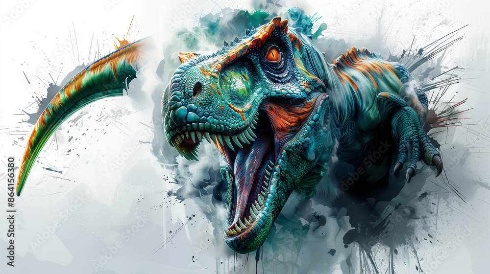 Naklejka premium Fierce green and orange raptor dinosaur illustration breaks through with paint splashes and dynamic energy.