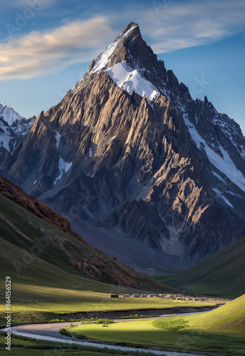 Majestic Peak of Gonbo Rangjon in Zanskar Valley with Winding River and Prayer Flags photo