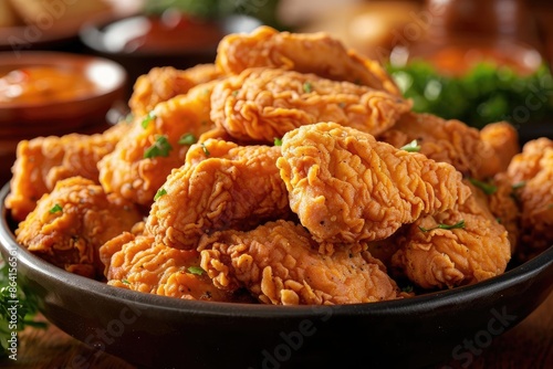 Delicious golden crispy fried chicken pieces served in a bowl, perfect for a savory meal or finger food snack.