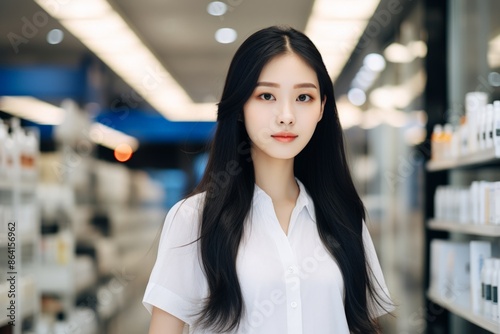 A young Asian woman with long, dark hair. blurred background. Beauty industry professional, elegance, beauty products, serene expression