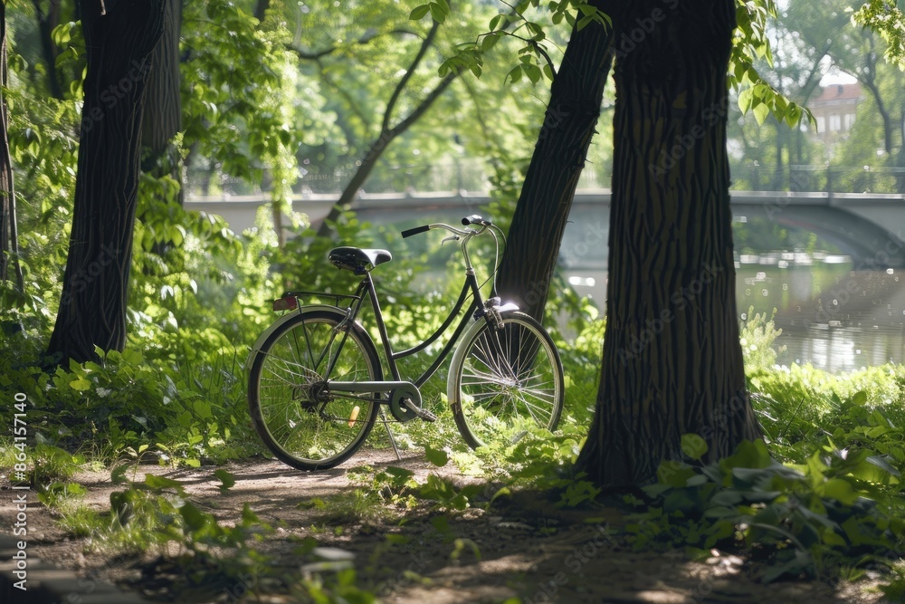 Fototapeta premium Bicycle in shade of trees with dense foliage in sun-drenched urban natural spring summer park