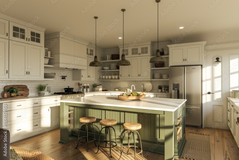 Step into the heart of a modern farmhouse kitchen, complete with an island and stools, surrounded by farmhouse green and white cabinets. Step into the heart of a modern farmhouse kitchen, complete with an island and stools, surrounded by farmhouse green and white cabinets.