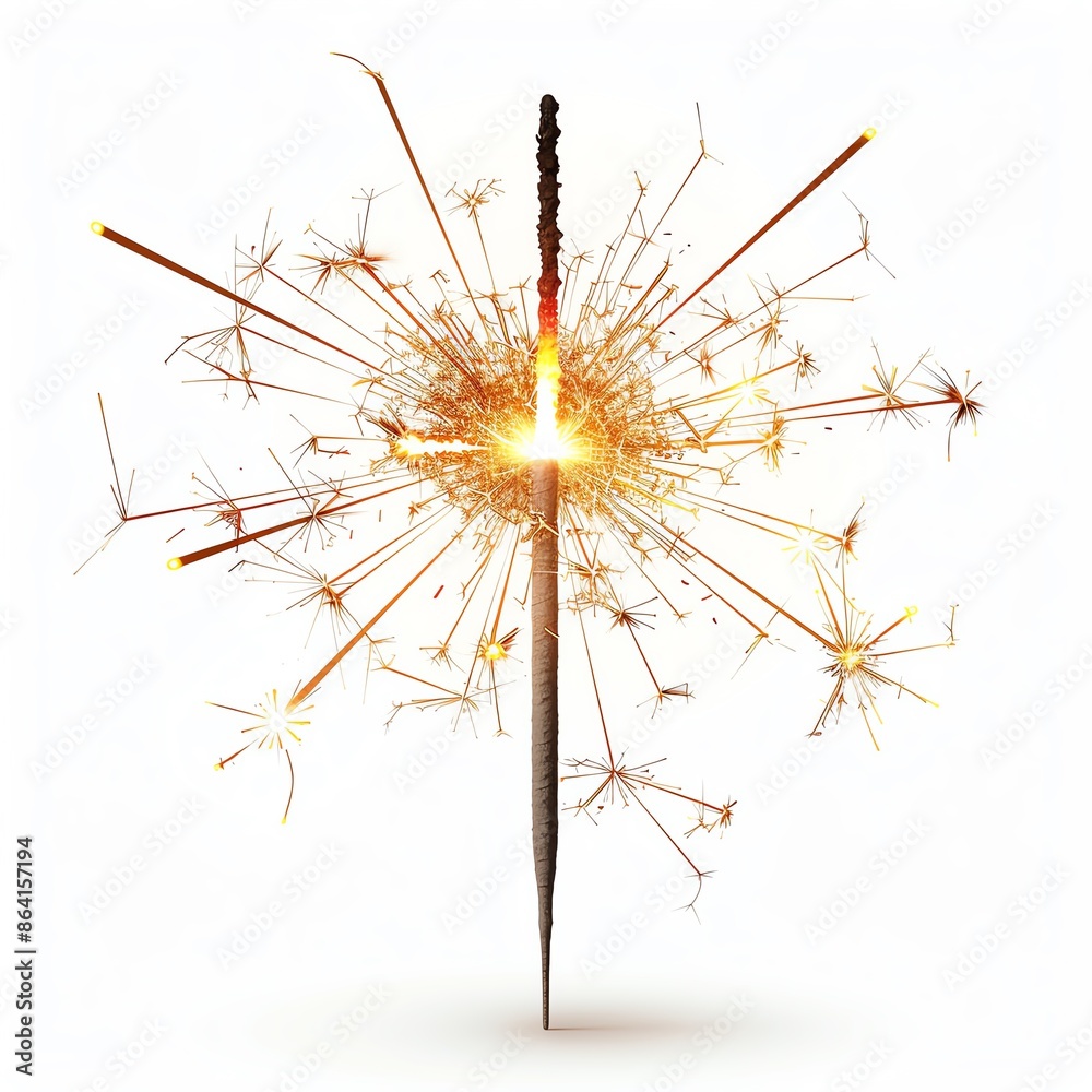 Fototapeta premium A close-up of a lit sparkler emitting bright, golden sparks against a plain white background, symbolizing celebration and festivity.