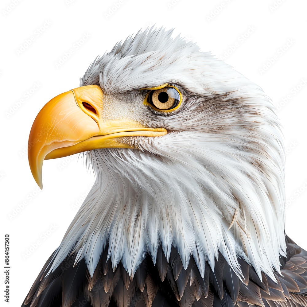 Obraz premium Close-up of a majestic bald eagle's head showcasing its sharp beak and intense gaze against a white background.