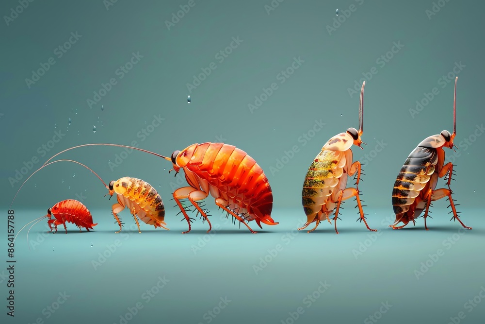 Insect Changes Colorful close-up of various stages of insect metamorphosis on a teal ...