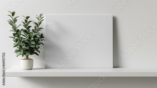 A sleek, horizontal blank canvas mockup resting on a clean white shelf, complemented by a modern, green potted plant beside it.