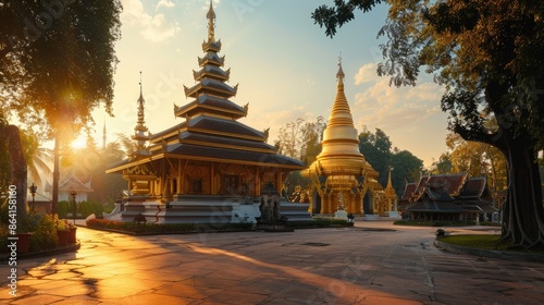 Thai-style golden temple captured at sunrise, with the early morning light emphasizing the temple's elegance and the peaceful atmosphere.
