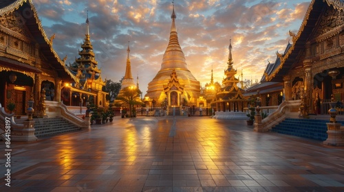 Thai-style golden temple captured at sunrise, with the early morning light emphasizing the temple's elegance and the peaceful atmosphere. photo