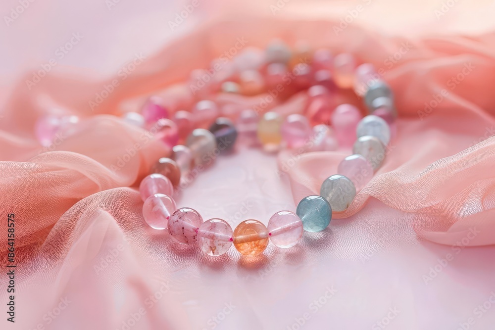 elegant gemstone bead necklace artfully arranged on soft pink background delicate craftsmanship highlighted warm lighting enhances natural beauty of stones capturing essence of handmade jewelry