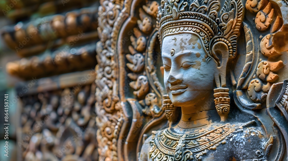 Ancient bas-relief of Apsara Deva is ancient stone carving on the wall in Angkor Wat temple. Selective focus, noise visible film grain Ancient bas-relief of Apsara Deva is ancient stone carving on the wall in Angkor Wat temple. Selective focus, noise visible film grain