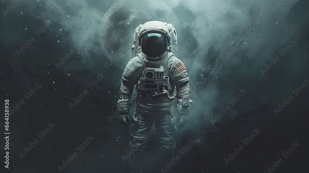 Fototapeta premium Dreamy cosmonaut on a spacewalk, surrounded by stars and planets. Cosmic sky. Solar system. Planets. Astronaut in a spacesuit during a spacewalk. astronaut exploring extraterrestrial planets or moon.