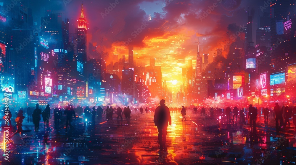 Fototapeta premium Traveler in a Vibrant Cityscape: Illustrate a solo traveler walking through a bustling, vibrant cityscape at night, with colorful lights and busy streets. 