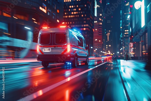 An ambulance racing through a busy city street, viewed from a dynamic side angle with motion blur