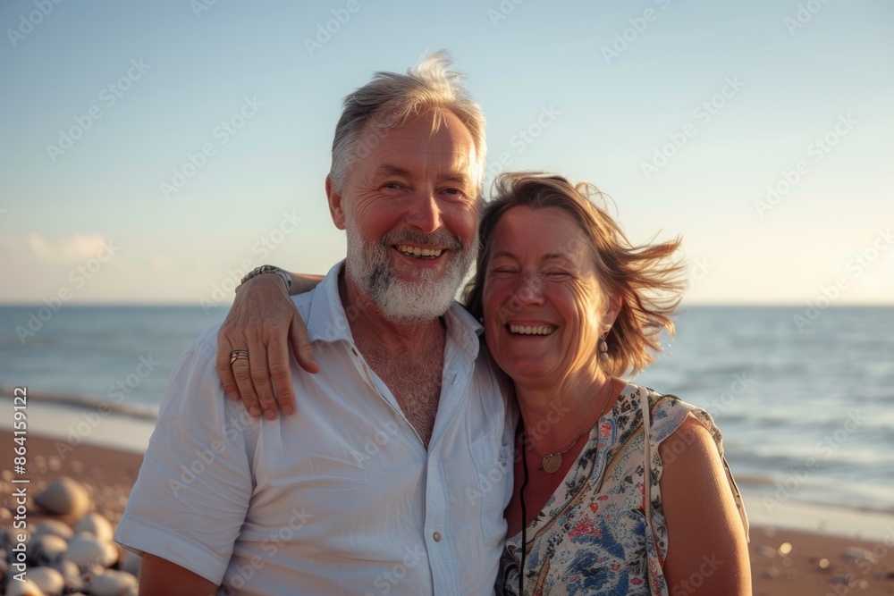 A happy middle-aged couple standing on the beach A happy middle-aged couple standing on the beach
