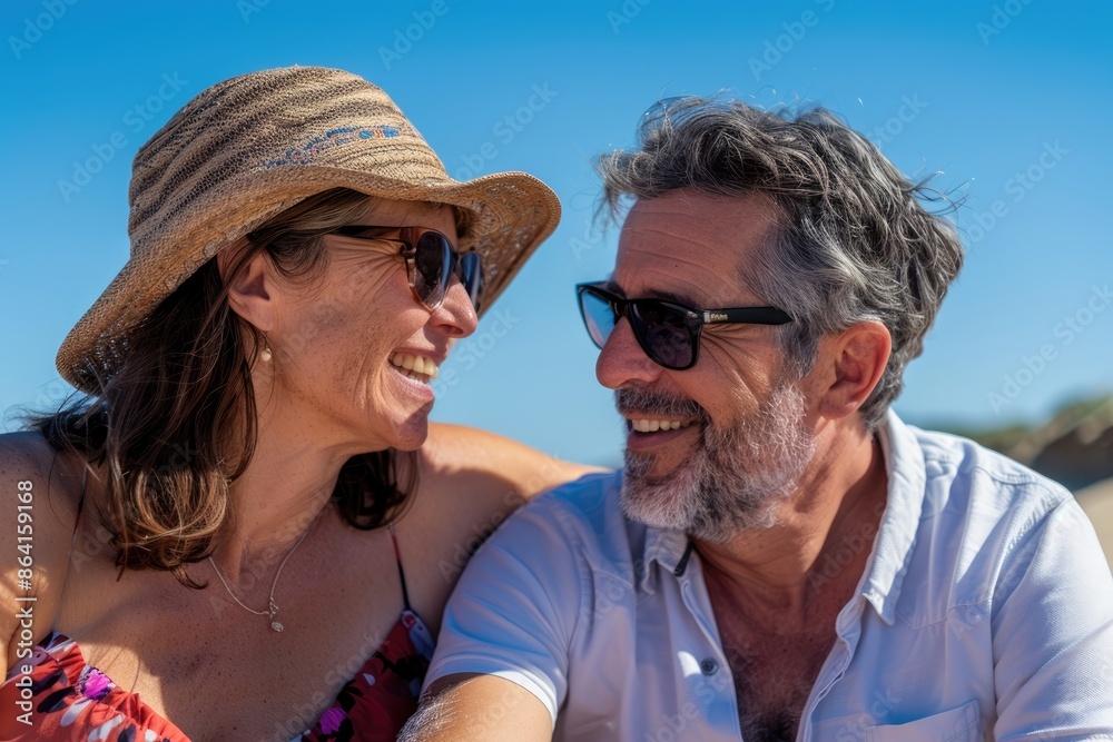 A happy middle-aged couple standing on the beach A happy middle-aged couple standing on the beach