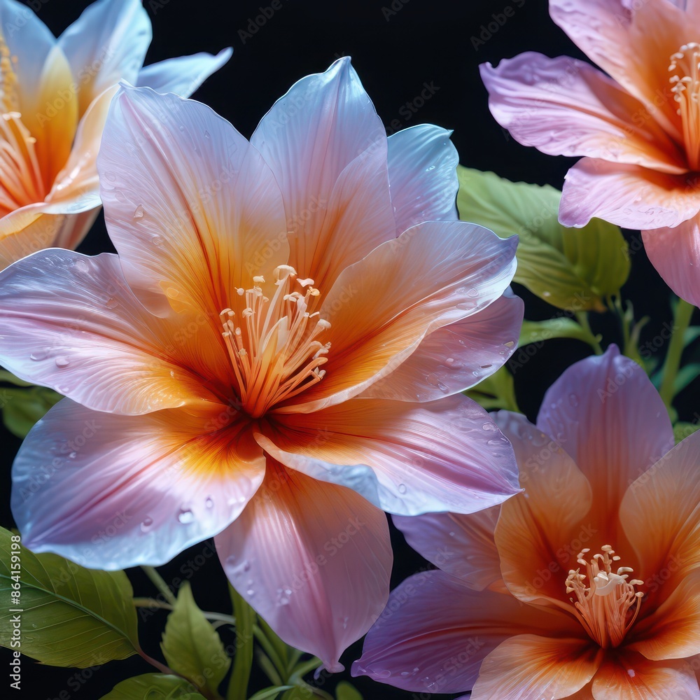 Fototapeta premium Close-Up of Delicate Pink and Orange Flowers with Water Droplets.