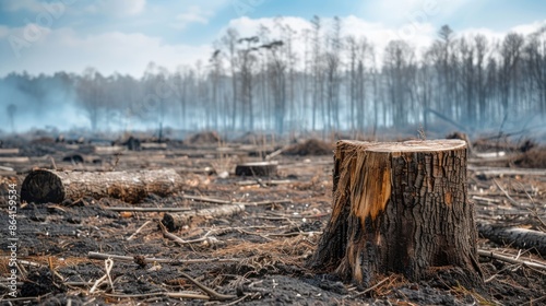 A deforested area with tree stumps and barren land, illustrating the connection between deforestation, global warming, and the climate crisis.