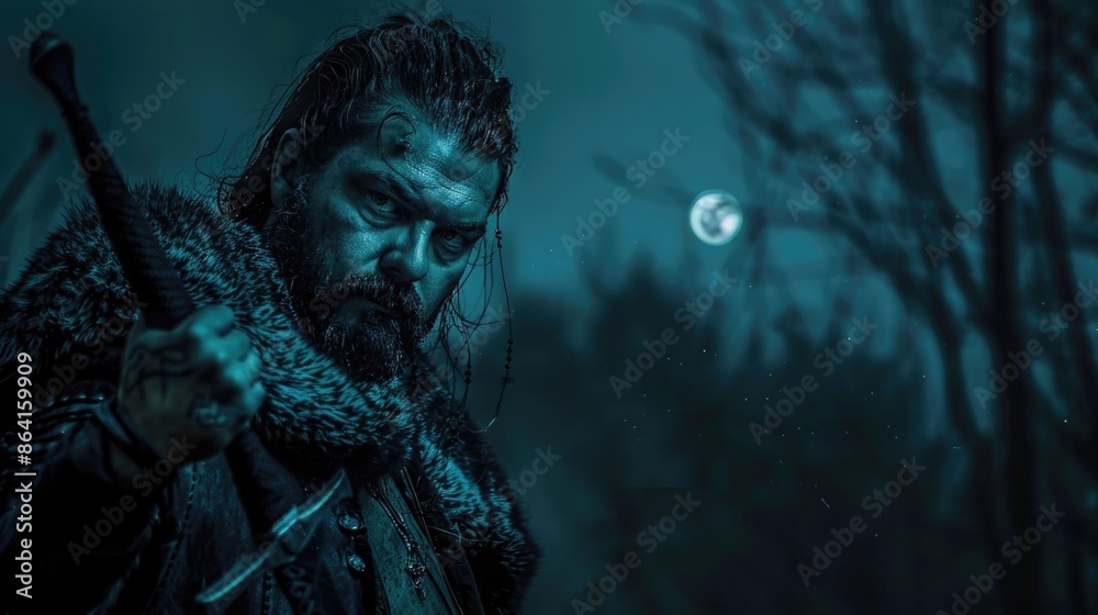 Vikingo rubio una noche en el norte. Hombre con espada dispuesto a luchar, personaje de cinemática, modelo o actor, muy atractivo. Vikingo rubio una noche en el norte. Hombre con espada dispuesto a luchar, personaje de cinemática, modelo o actor, muy atractivo.