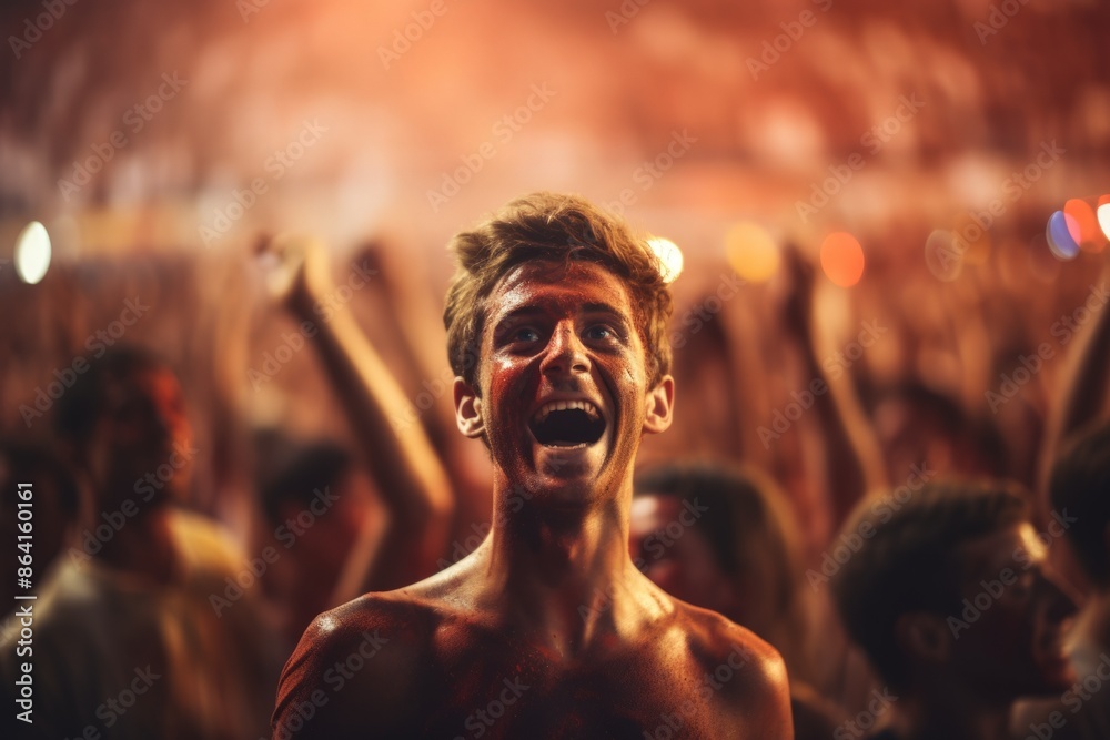 A young European man with a joyful expression at a lively festival, covered in red paint and surrounded by a crowd. blurred. Festival celebration, young man, crowd, joy, paint, energy, , A young European man with a joyful expression at a lively festival, covered in red paint and surrounded by a crowd. blurred. Festival celebration, young man, crowd, joy, paint, energy, ,