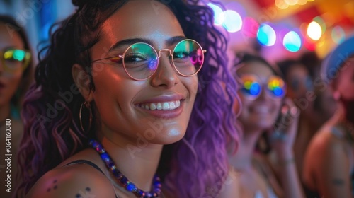 LGTBIQ +, mujer joven y bella con el pelo de colores en una fiesta gay, progresismo y modernidad en la juventud.