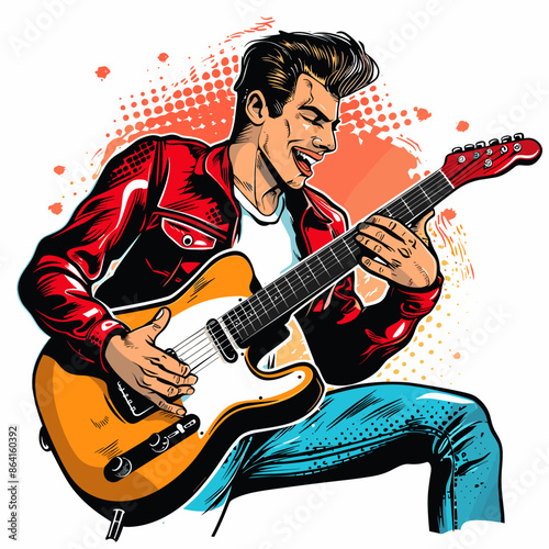 Vector illustration of a man playing an electric guitar. Retro style.