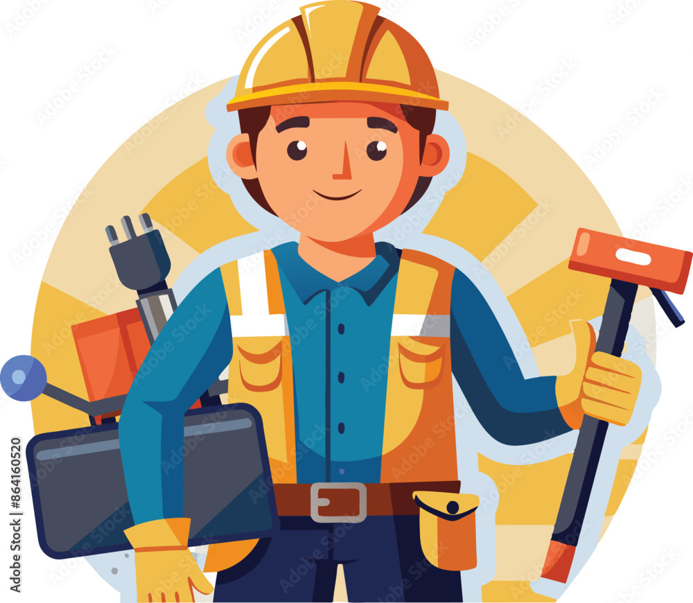 Happy labour day with construction worker character. Building male specialists ready for work. Vector illustration isolated on white background Happy labour day with construction worker character. Building male specialists ready for work. Vector illustration isolated on white background