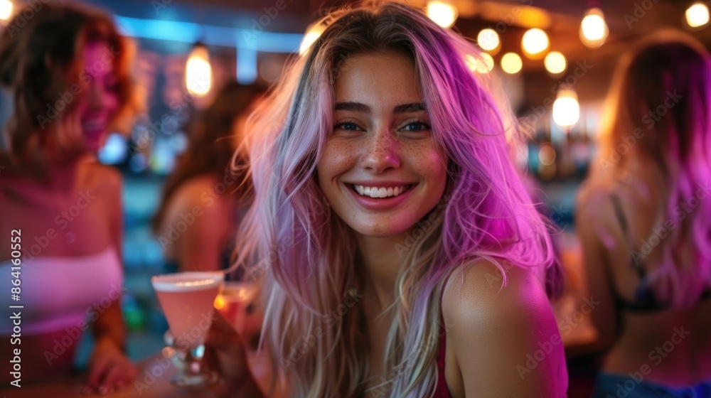 LGTBIQ +, mujer joven y bella con el pelo de colores en una fiesta gay, progresismo y modernidad en la juventud. LGTBIQ +, mujer joven y bella con el pelo de colores en una fiesta gay, progresismo y modernidad en la juventud.