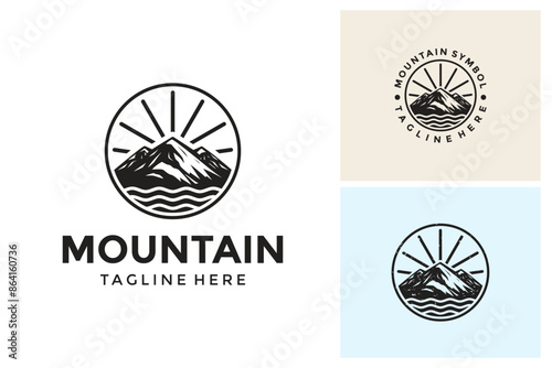 Mountain Adventure Emblem Logo design, Mountain Peaks with sunlight logo design vector, Mountain Landscape Silhouette for Outdoor Travel adventure Vintage logo design