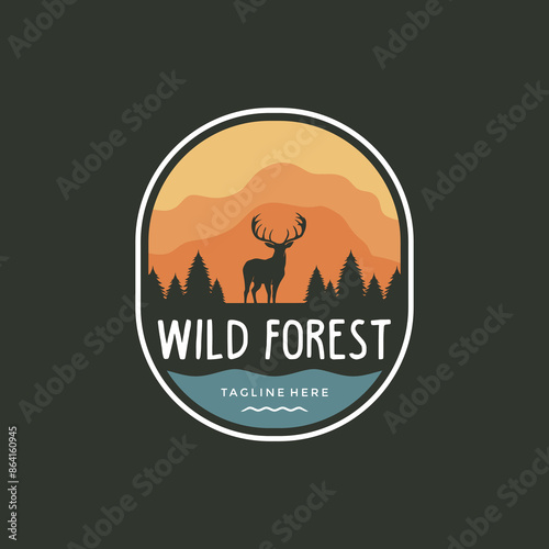 Travel badge outdoor with deer, pine trees and moon icon vector illustration, silhouette illustration of deer design vector template