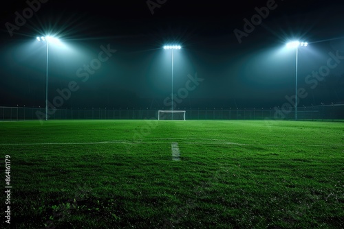 n empty soccer field in a high school stadium, with bleachers and a scoreboard visible in the background