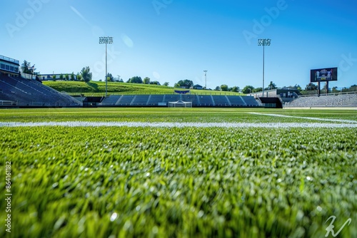 n empty soccer field in a high school stadium, with bleachers and a scoreboard visible in the background