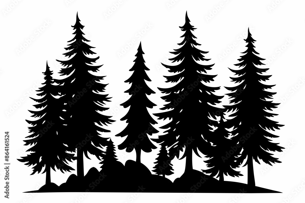 Fototapeta premium Pine tree silhouettes, Fir trees silhouette. Evergreen forest firs and spruces black shapes, wild nature trees templates. Vector illustration woodland trees set on white background